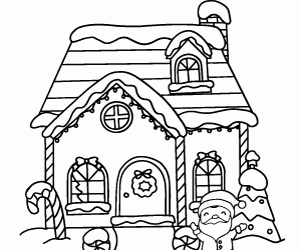 Christmas Santa Cottage Coloring Page