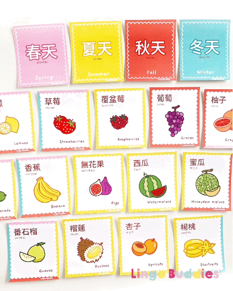 Fruits Flashcards with Seasons in Chinese